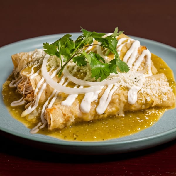 Chicken enchiladas with green sauce, sour cream, cheese, onions, and cilantro on a blue plate.
