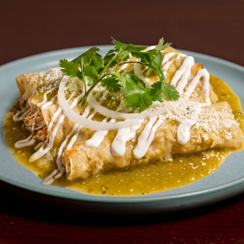 Chicken enchiladas with green sauce, sour cream, cheese, onions, and cilantro on a blue plate.