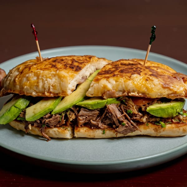 A large sandwich with shredded meat and avocado slices, cut in half on a light blue plate.