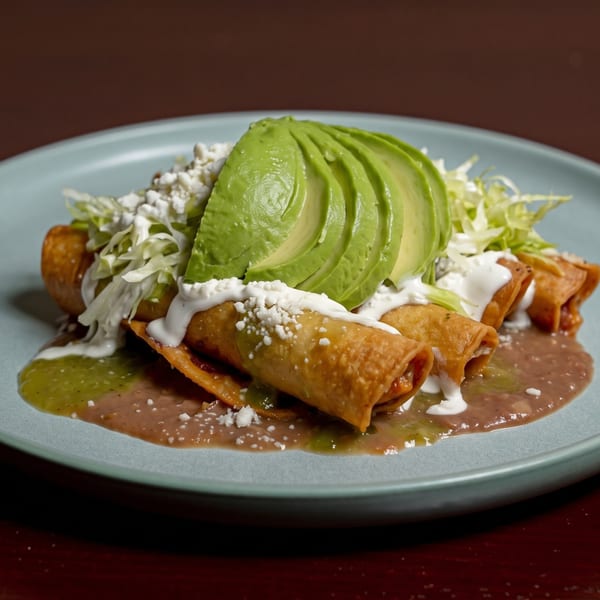 Crispy taquitos topped with sliced avocado, shredded lettuce, crema, and crumbled cheese on a blue plate.