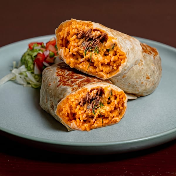 Two halves of a large burrito filled with orange rice and shredded meat, served with salsa.