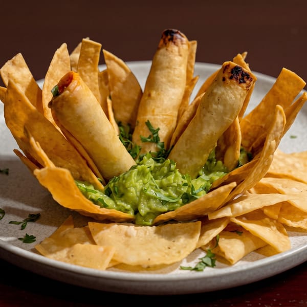 Crispy taquitos and guacamole served in a tortilla bowl with tortilla chips on a white plate.