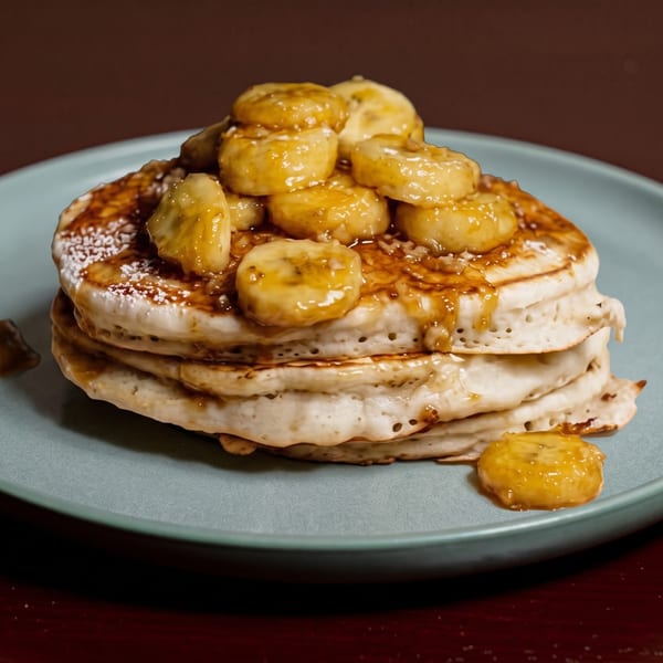 Stack of pancakes topped with caramelized bananas, syrup, and powdered sugar on a blue plate.